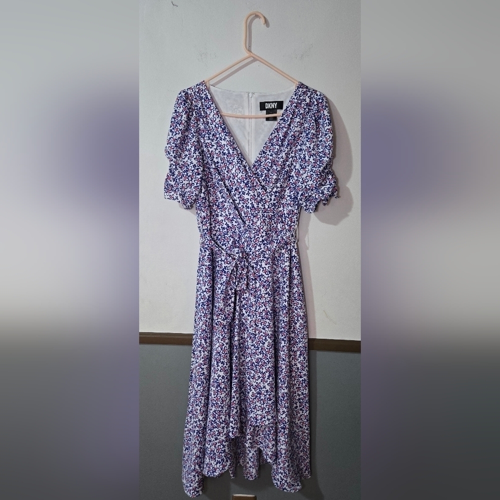 DKNY Floral Print Faux Wrap Iris Dress Multi Color Blue And Red Size 6